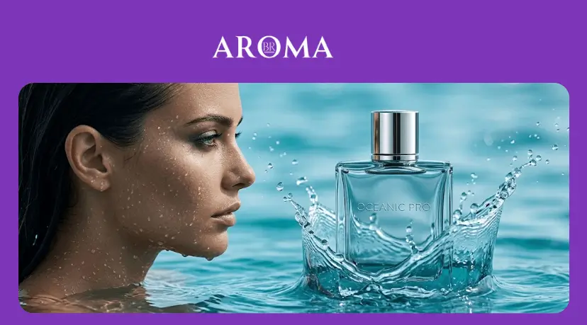 Mulher parcialmente submersa na água ao lado do perfume Oceanic Pro com respingos ao redor do frasco
