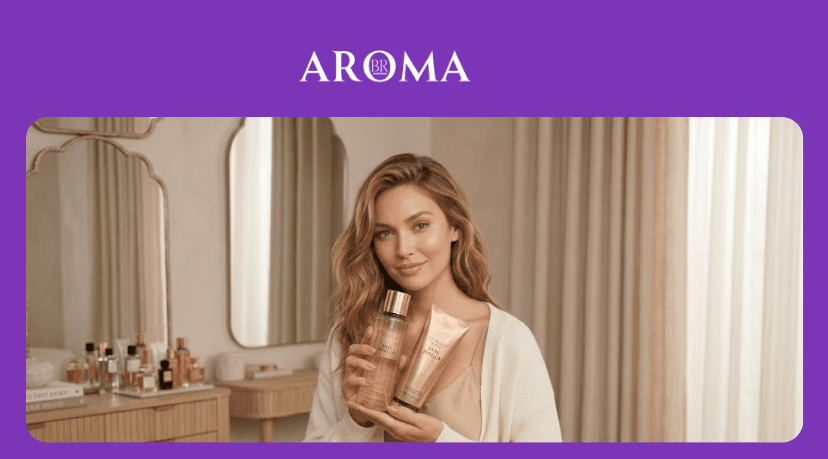 Mulher segurando perfume Bare Vanilla Victoria’s Secret em ambiente elegante com produtos ao fundo - Aromabr