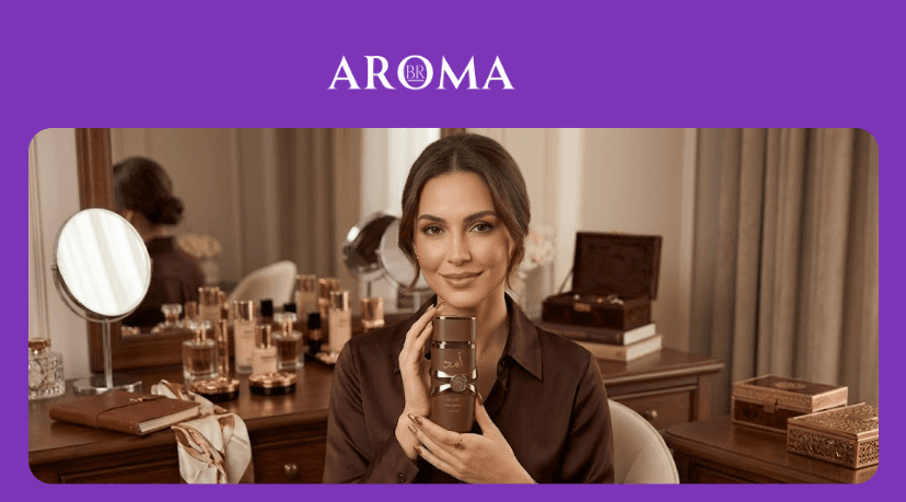 Mulher segurando perfume Lattafa Asad Bourbon em ambiente elegante com frascos ao fundo - Aromabr