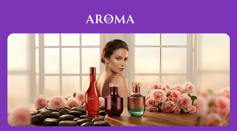 Mulher elegante ao lado de perfumes Natura Humor e linha Una em ambiente sofisticado com flores ao fundo - Aromabr