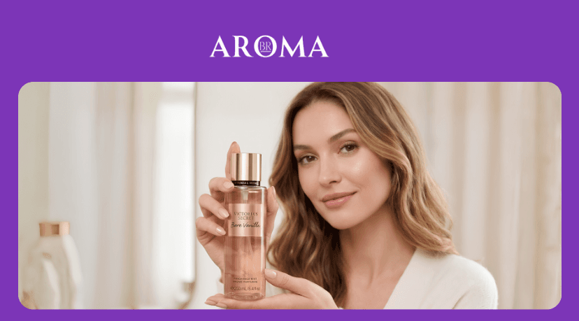 Mulher segurando perfume Victoria's Secret Bare Vanilla em frasco transparente
