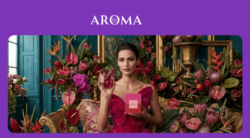 Mulher elegante segurando perfume feminino em cenário tropical com flores coloridas ao redor - Aromabr