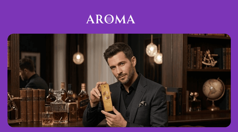 Homem elegante segurando perfume 1 Million Paco Rabanne em ambiente sofisticado com garrafas ao fundo - Aromabr